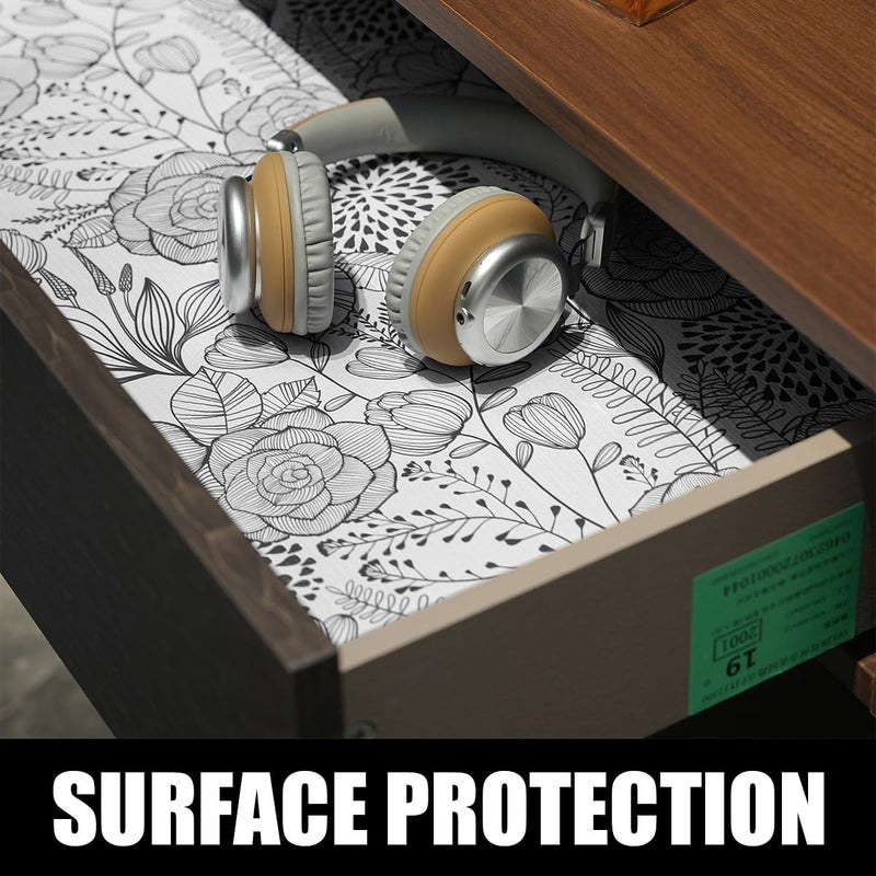Amiitay Floral Drawer and Shelf Liner for Kitchen 12IN x 20FT, Non-Adhesive and Strong Non-Slip Cabinet Drawer Liners, Waterproof Thickened Shelf Liner,Easy to Clean,Black and White - Image 3